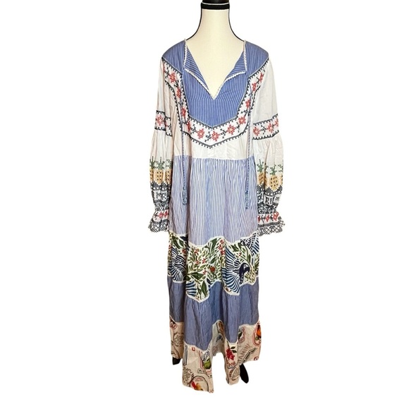NWT FARM RIO Pineapple Beach Embroidered Maxi Dress Cotton Blue White Medium - Picture 3 of 13